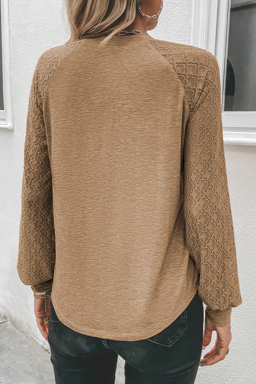Light French Beige Contrast Lace Raglan Sleeve Plicate Round Neck Top Kittybear Krafts