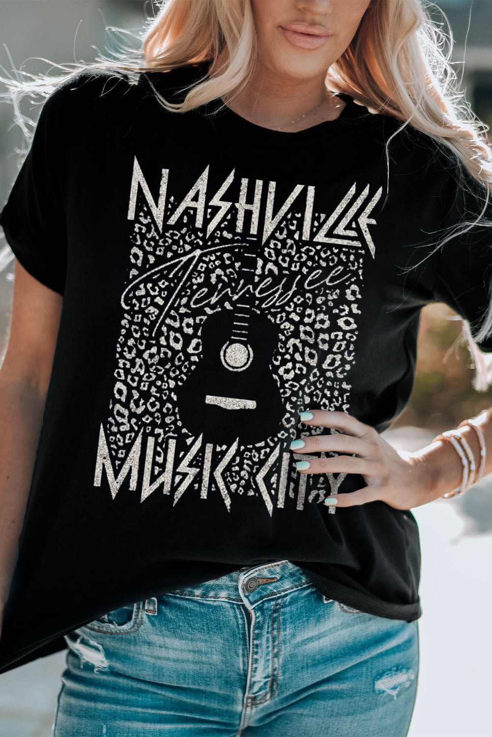 Music City Cuffed Sleeve Round Neck T-Shirt - Kittybear Krafts