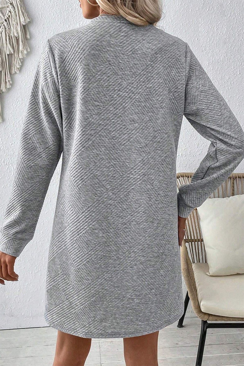 Gray Solid Color Textured Long Sleeve Shift Dress Kittybear Krafts