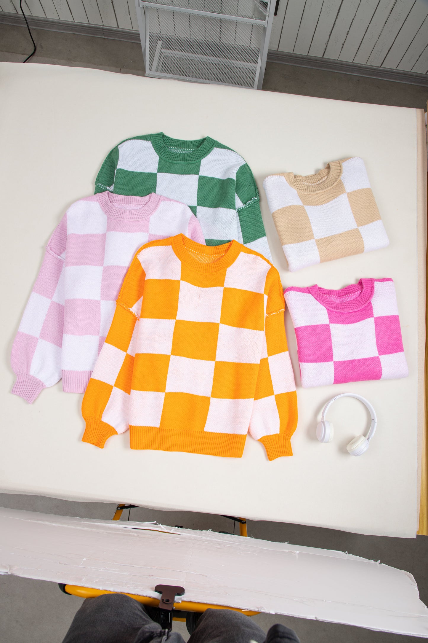 Pink Checkered Bishop Sleeve Sweater Kittybear Krafts