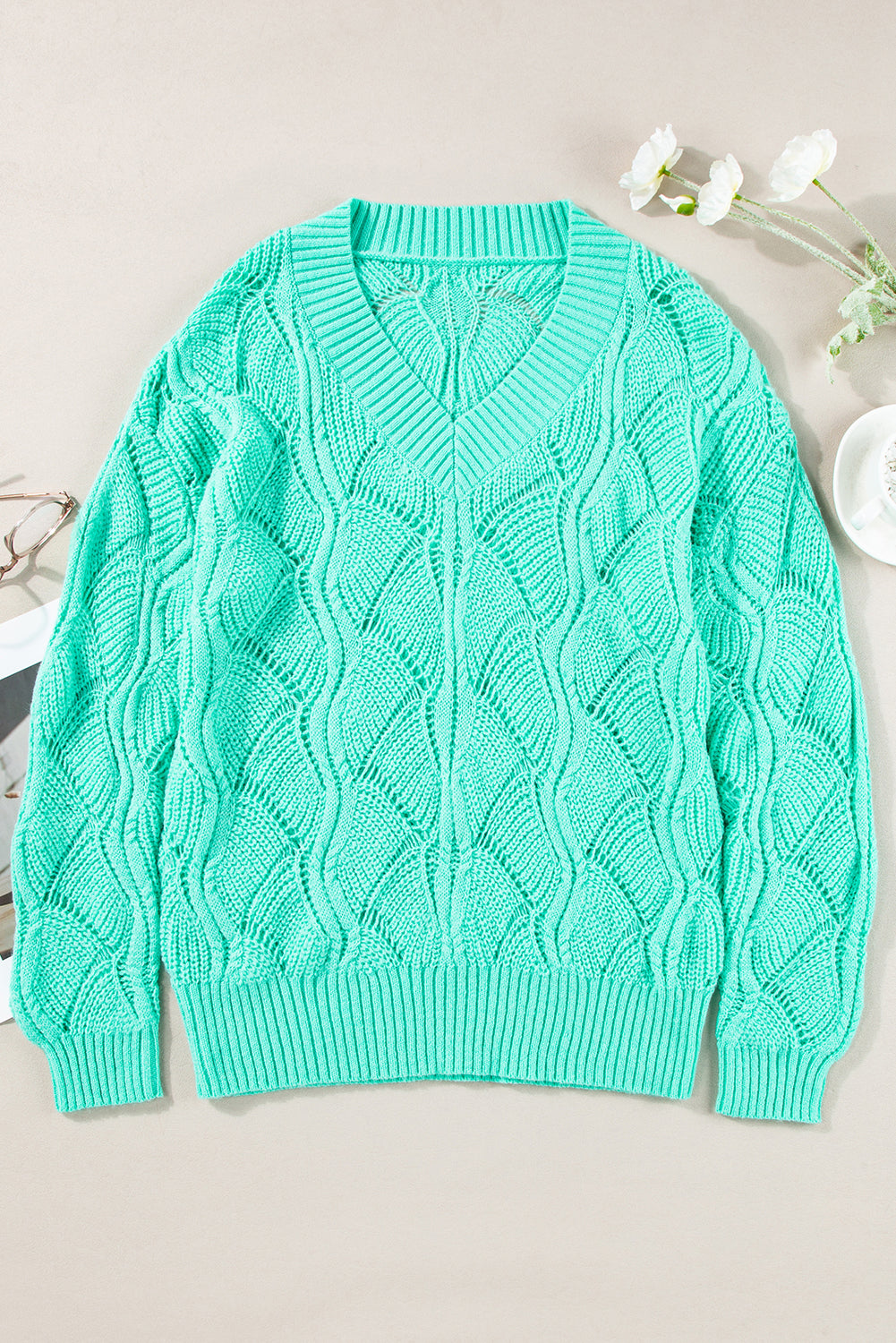 Mint Green Hollow Out Knit V Neck Drop Shoulder Sweater Top Kittybear Krafts