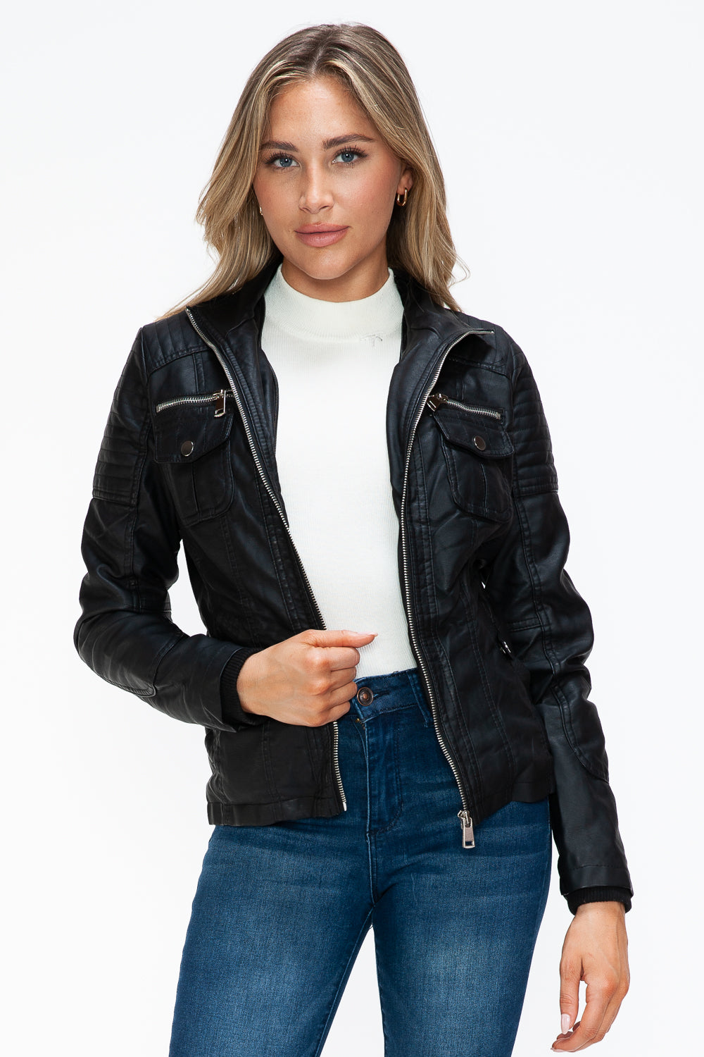 YMI Removable Faux Layered Multi-Pocket Jacket with Fuzzy Hood Trendsi