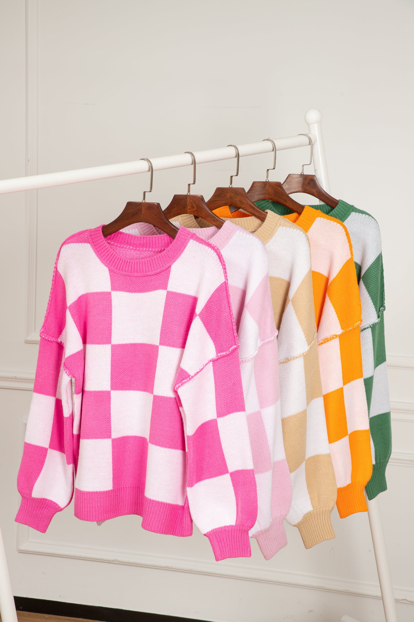 Pink Checkered Bishop Sleeve Sweater Kittybear Krafts