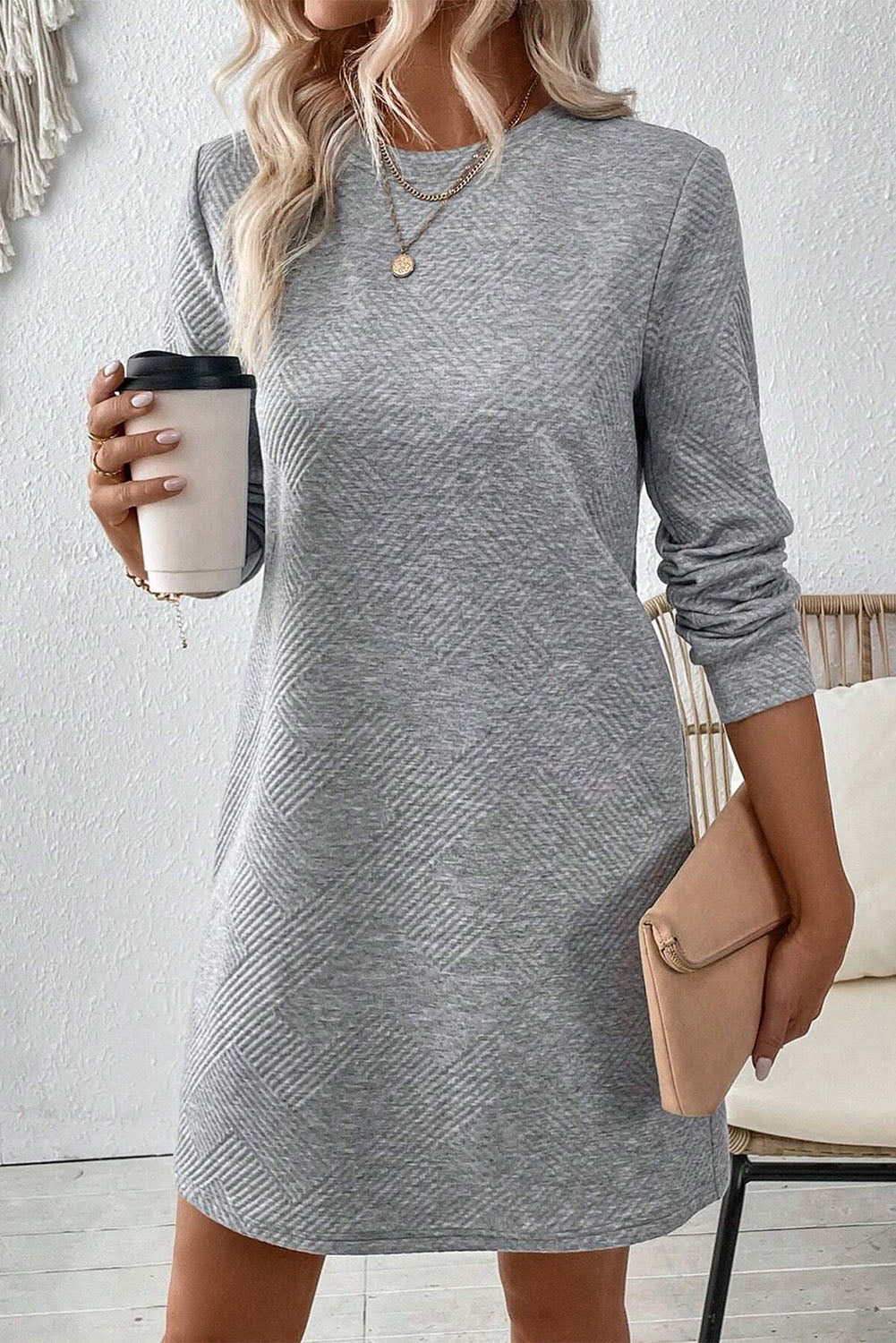 Gray Solid Color Textured Long Sleeve Shift Dress Kittybear Krafts