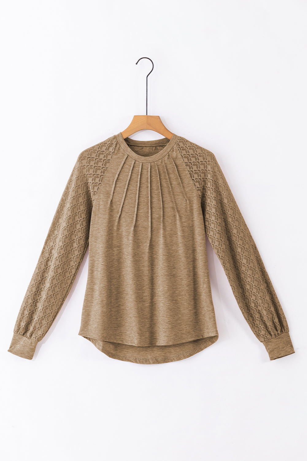 Light French Beige Contrast Lace Raglan Sleeve Plicate Round Neck Top Kittybear Krafts