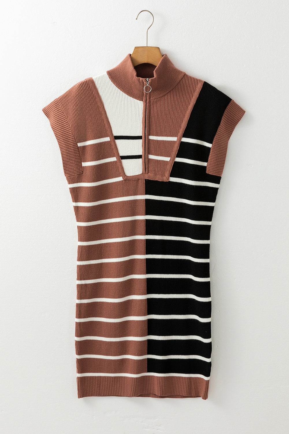 Black Stripe Color Block Quarter Zip Collar Short Sleeve Sweater Dress Kittybear Krafts