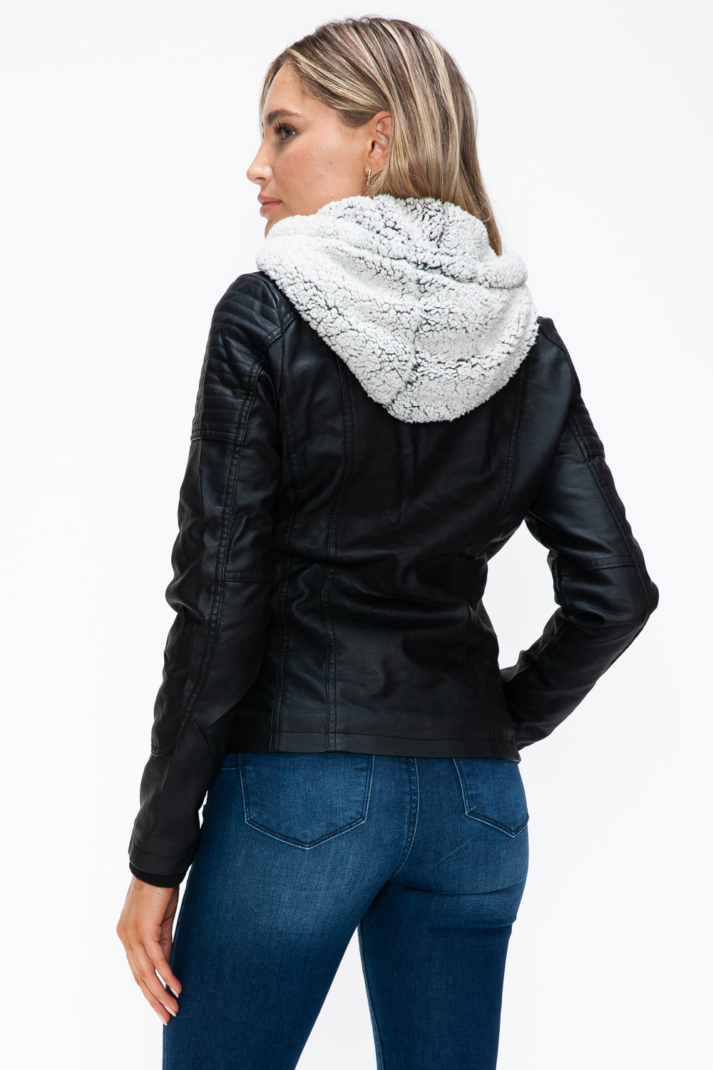 YMI Removable Faux Layered Multi-Pocket Jacket with Fuzzy Hood Trendsi