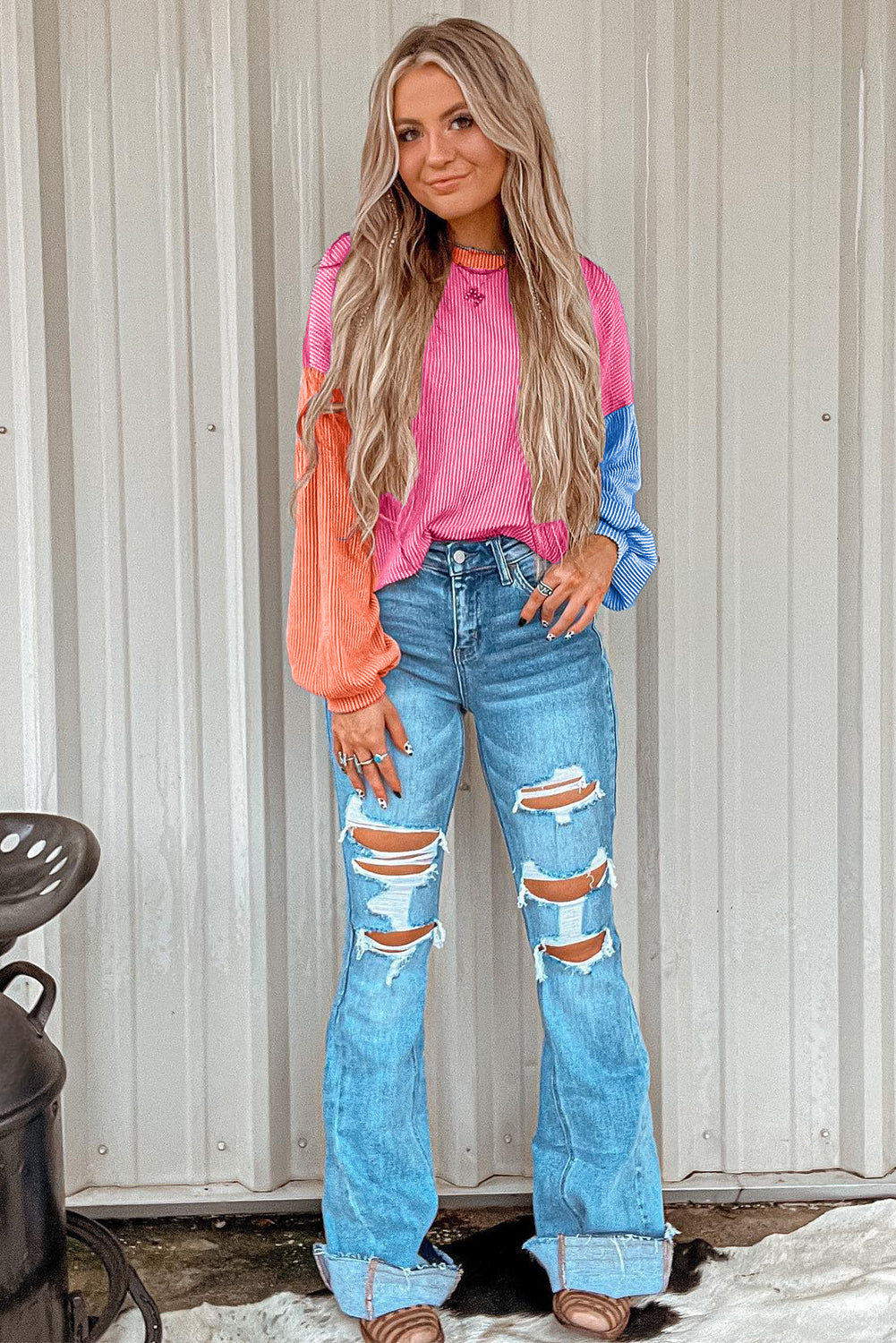 Pink Corded Colorblock Patchwork Drop Shoulder Long Sleeve Top