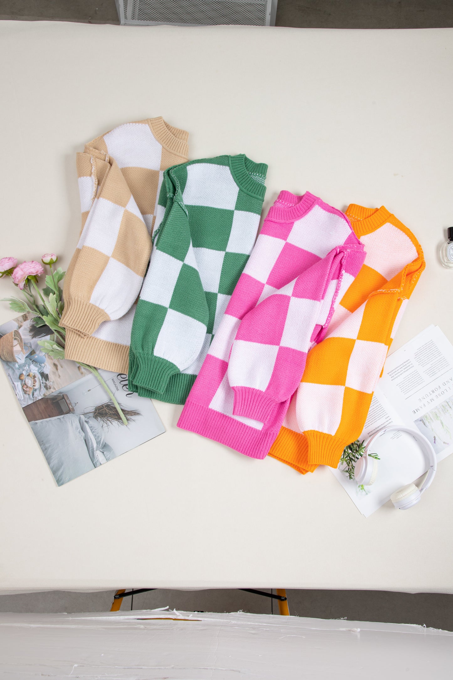Pink Checkered Bishop Sleeve Sweater Kittybear Krafts