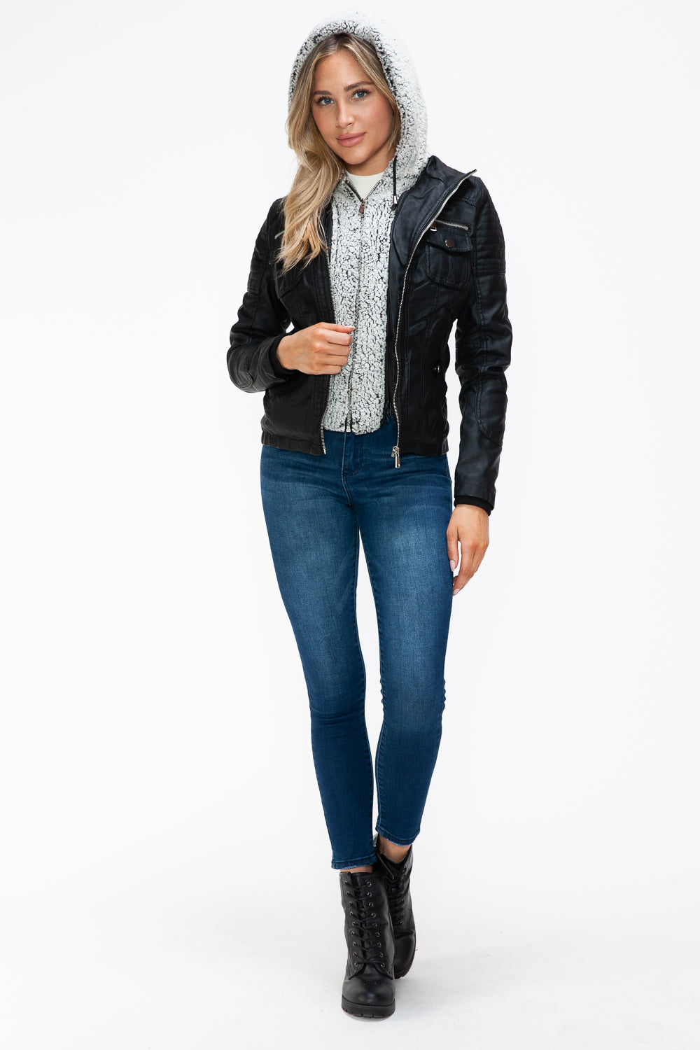 YMI Removable Faux Layered Multi-Pocket Jacket with Fuzzy Hood Trendsi
