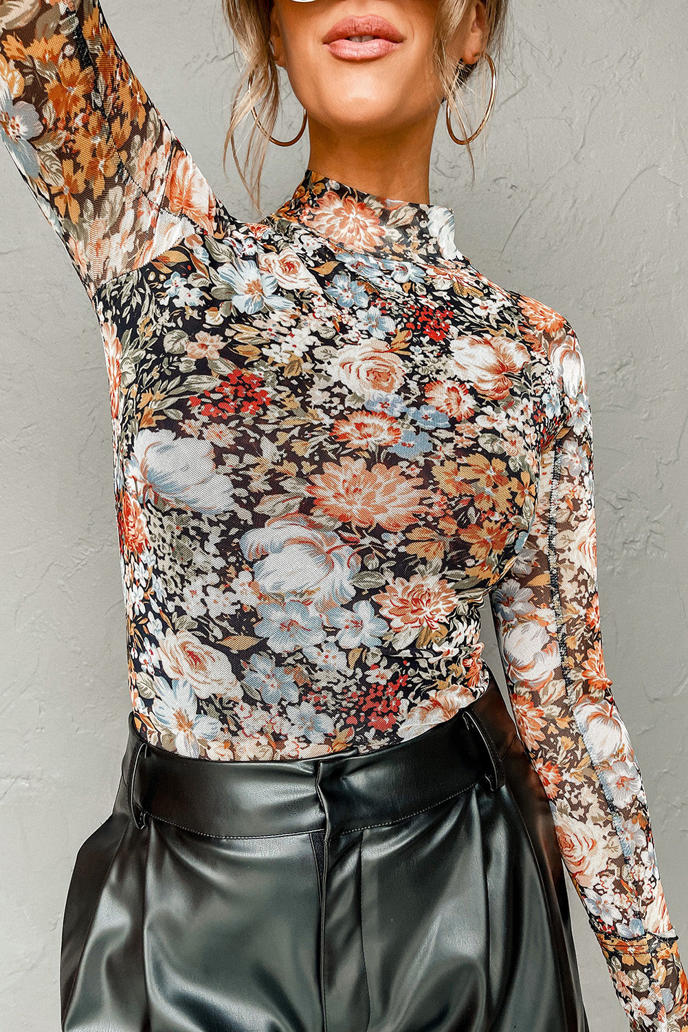 Brown Floral Long Sleeve High Neck Sheath Mesh Blouse Kittybear Krafts