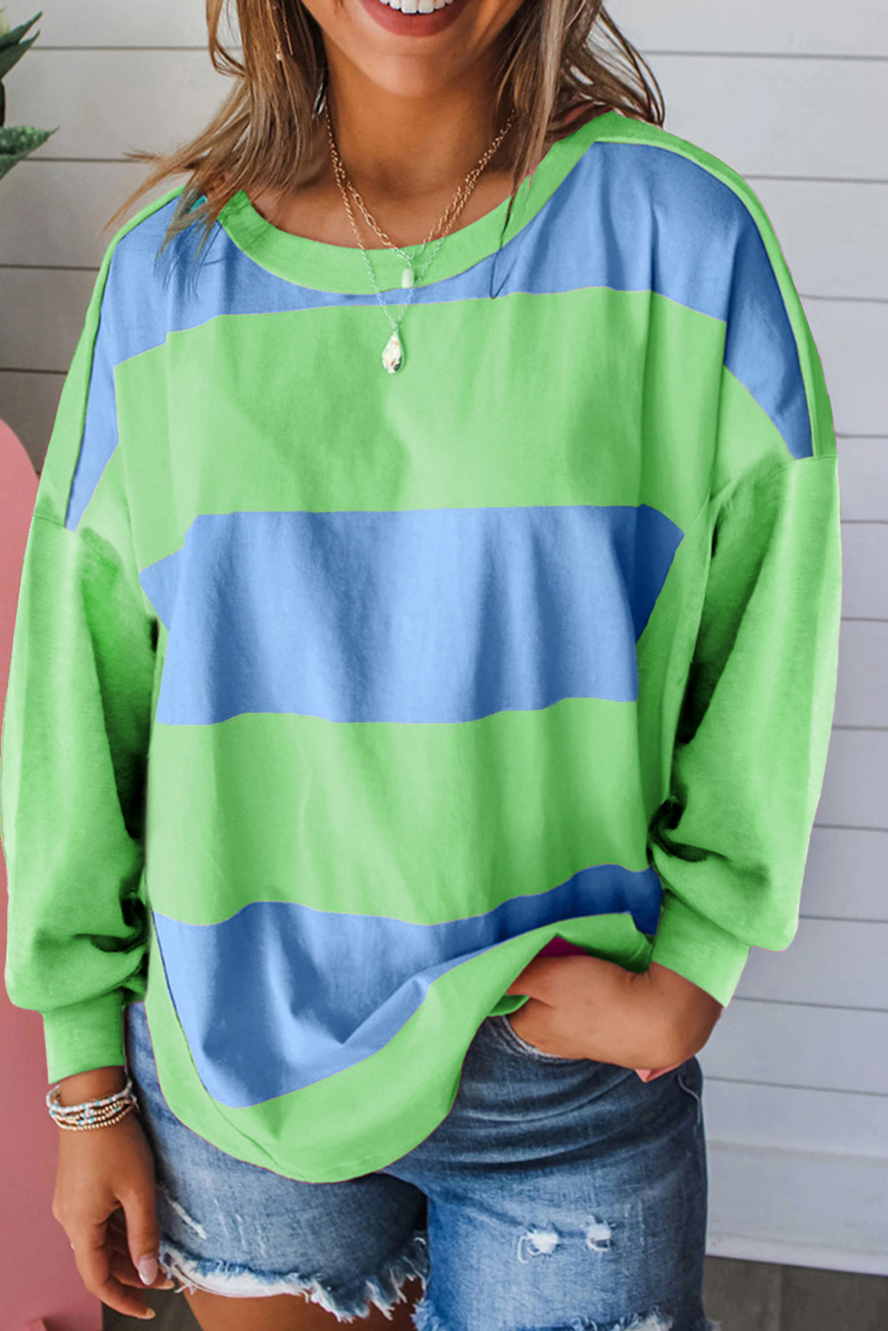 Light Blue Colorblock Striped Drop Shoulder Loose Top
