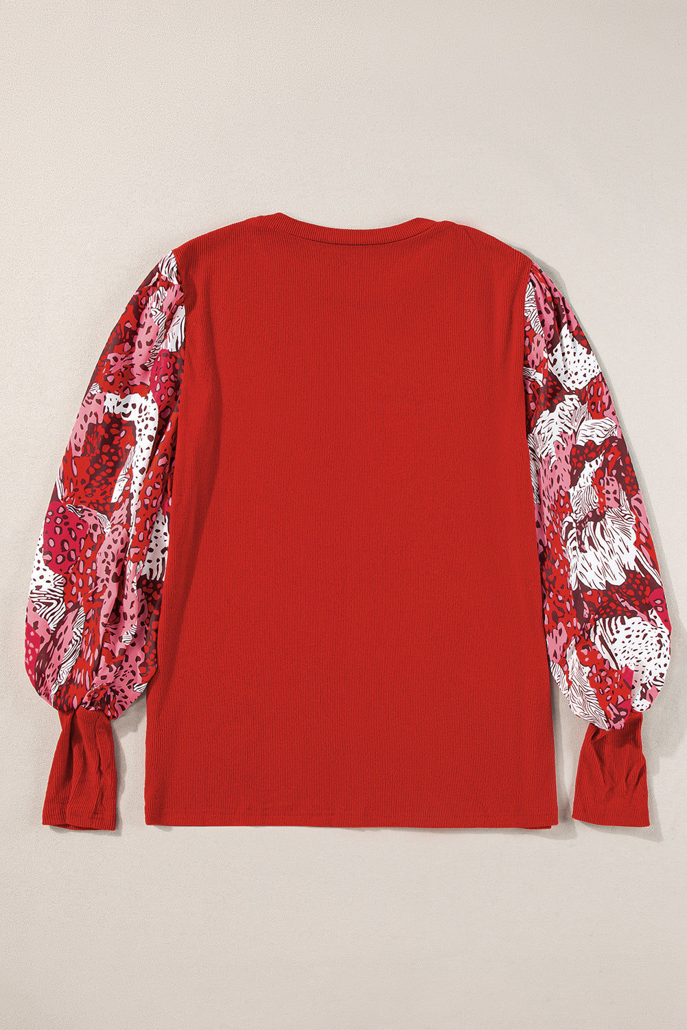Fiery Red Contrast Mixed Animal Print Lantern Sleeve Patchwork Top Kittybear Krafts