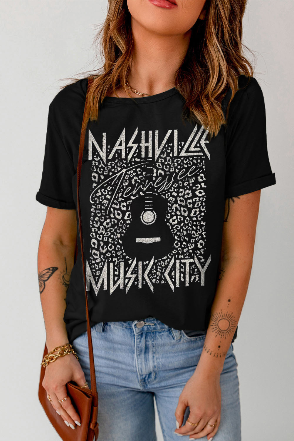 Music City Cuffed Sleeve Round Neck T-Shirt - Kittybear Krafts