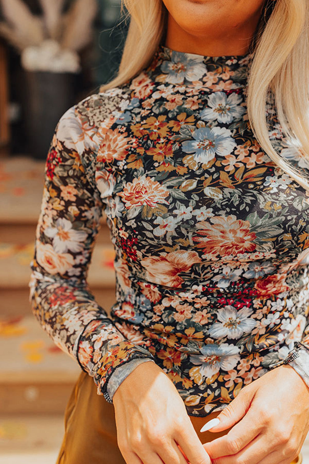 Brown Floral Long Sleeve High Neck Sheath Mesh Blouse Kittybear Krafts