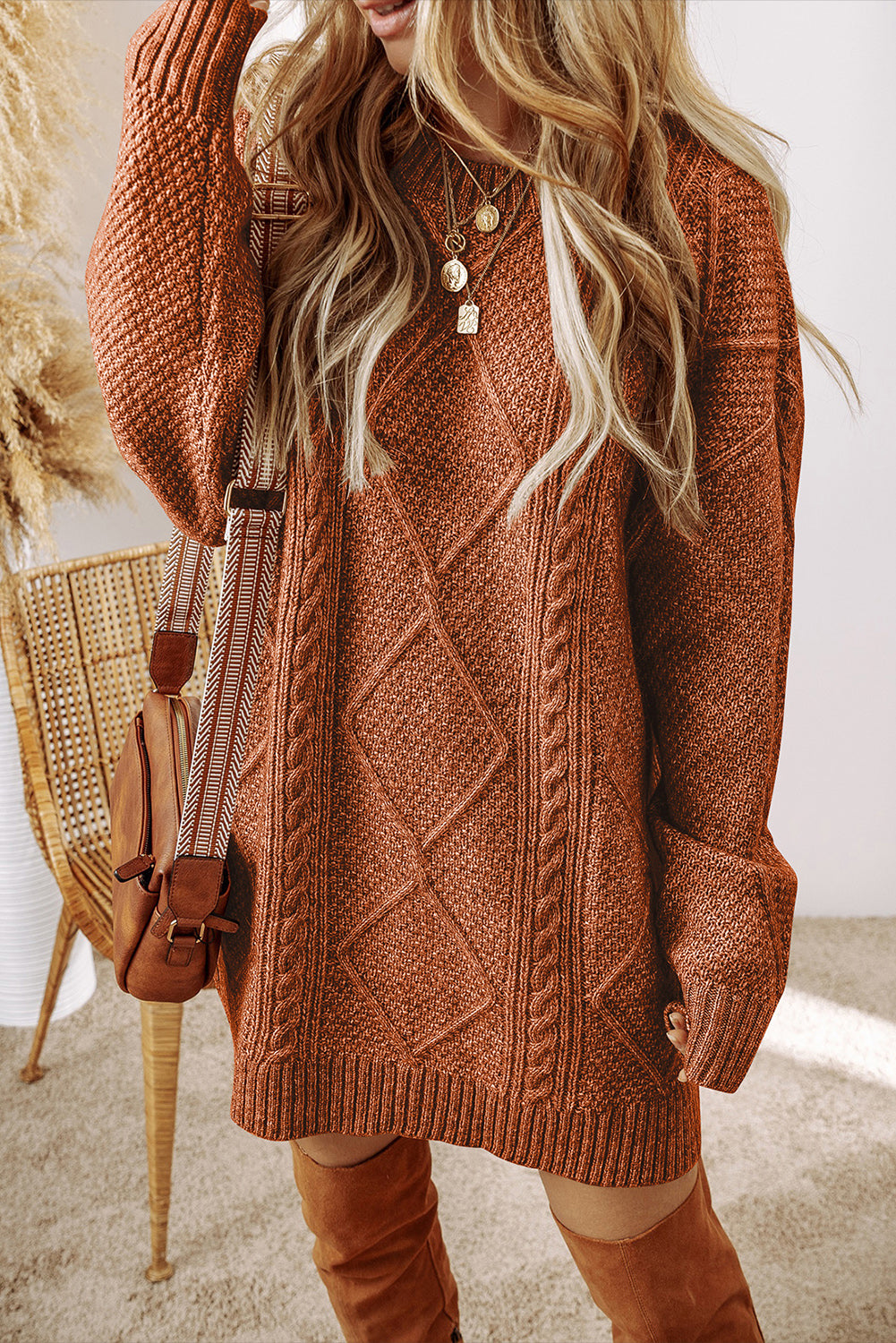 Coffee Cable Knit Drop Shoulder Loose Fit Sweater Dress Kittybear Krafts