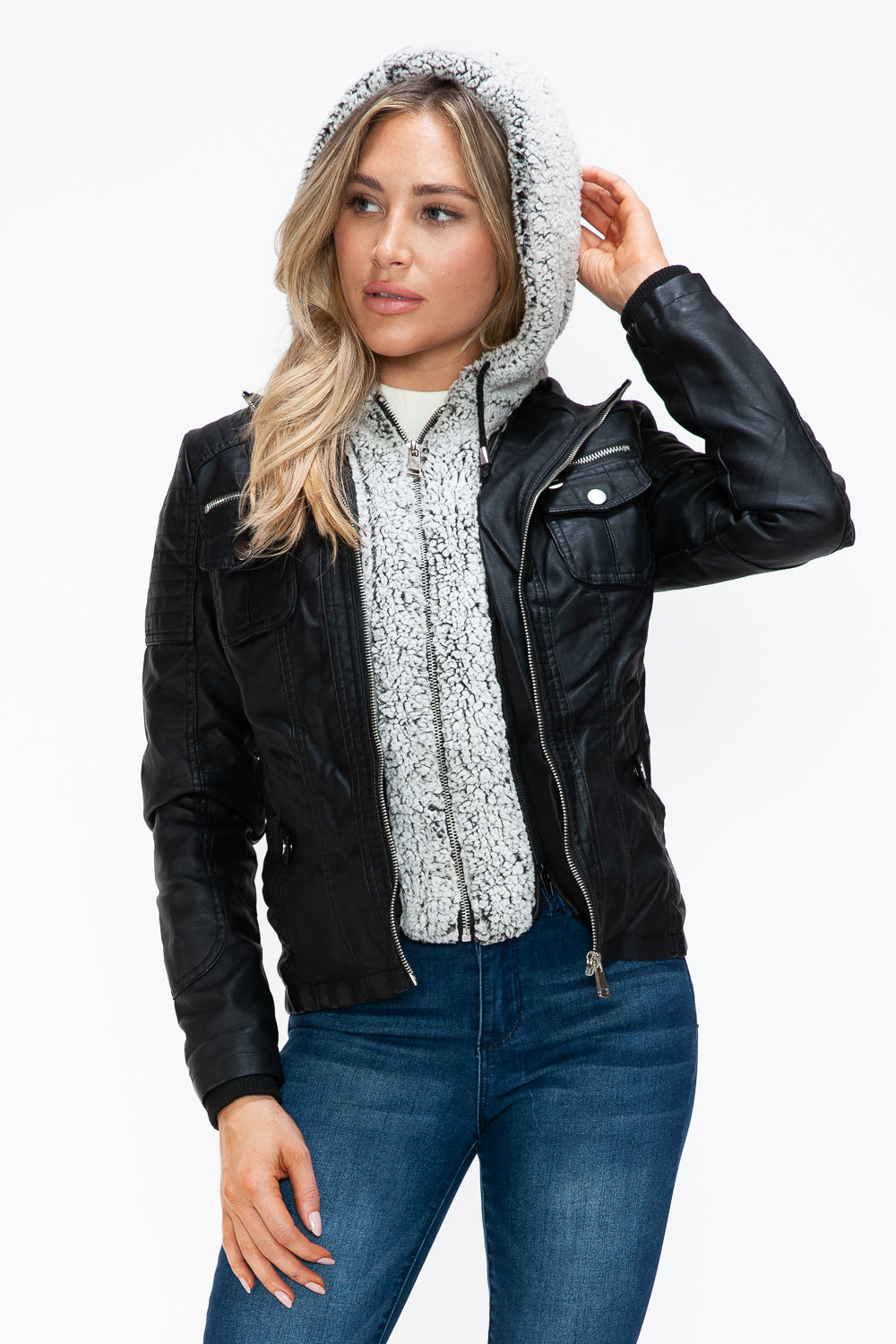 YMI Removable Faux Layered Multi-Pocket Jacket with Fuzzy Hood Trendsi