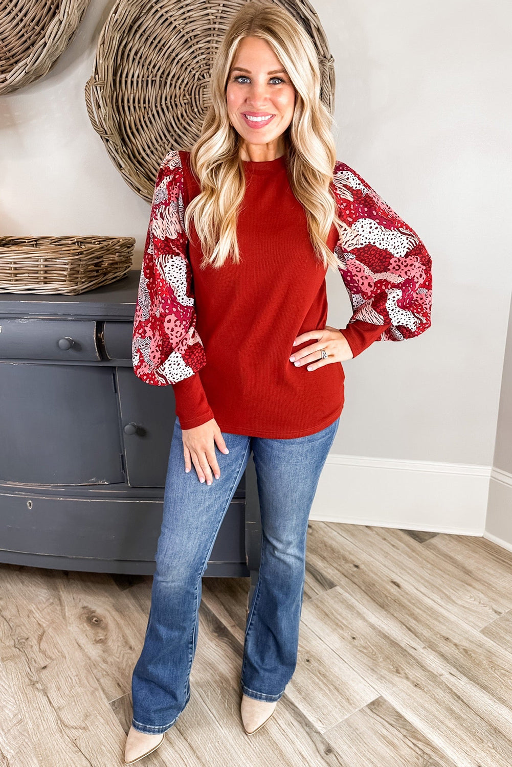 Fiery Red Contrast Mixed Animal Print Lantern Sleeve Patchwork Top Kittybear Krafts