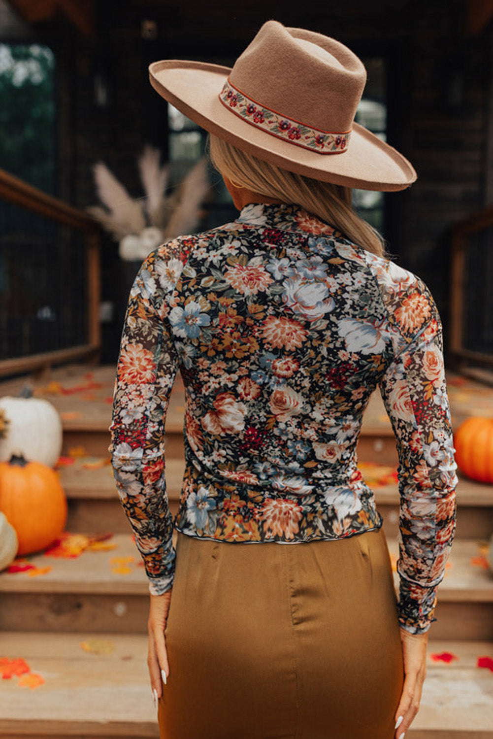 Brown Floral Long Sleeve High Neck Sheath Mesh Blouse Kittybear Krafts