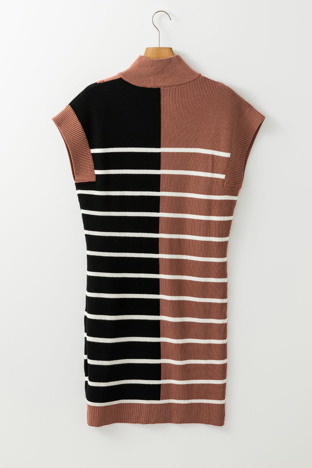 Black Stripe Color Block Quarter Zip Collar Short Sleeve Sweater Dress Kittybear Krafts