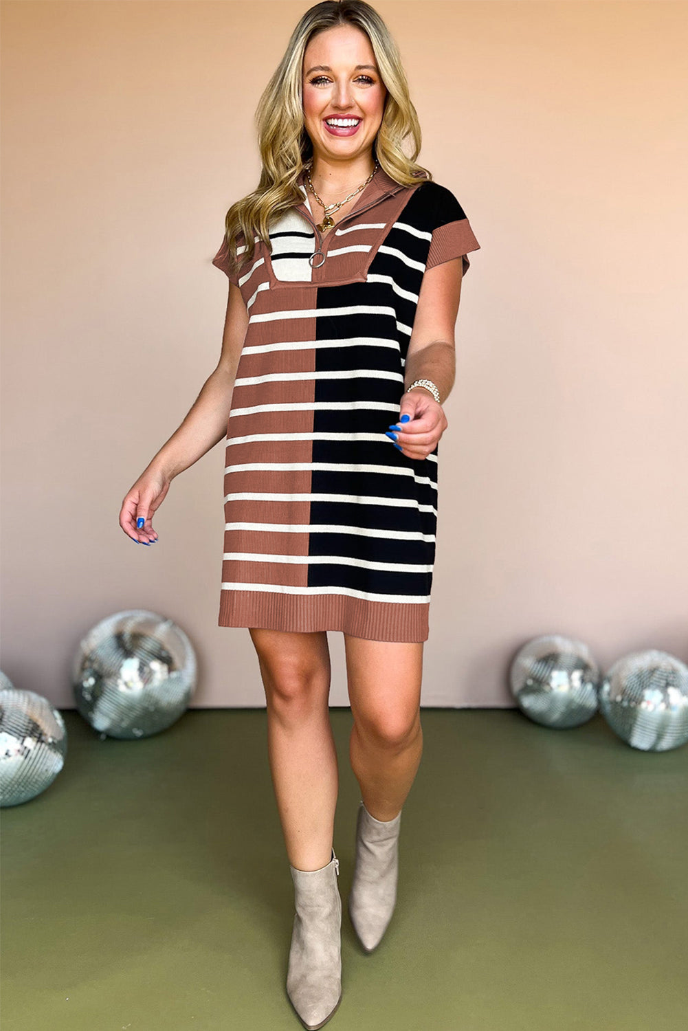 Black Stripe Color Block Quarter Zip Collar Short Sleeve Sweater Dress Kittybear Krafts