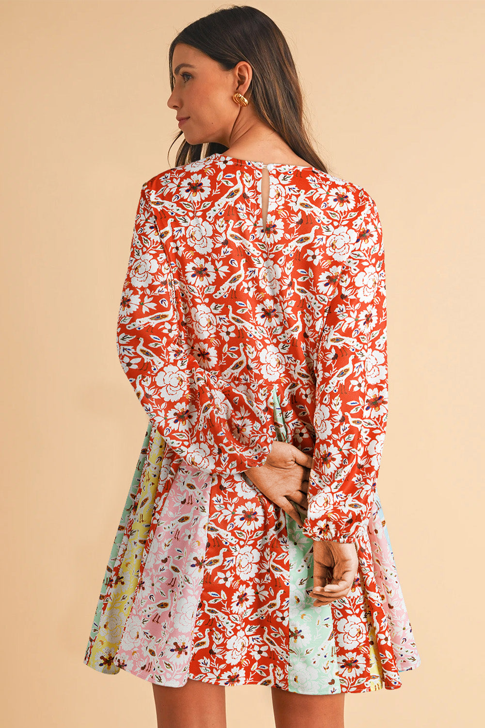 Red Colorful Floral Patchwork Long Sleeve Pleated Mini Dress Kittybear Krafts