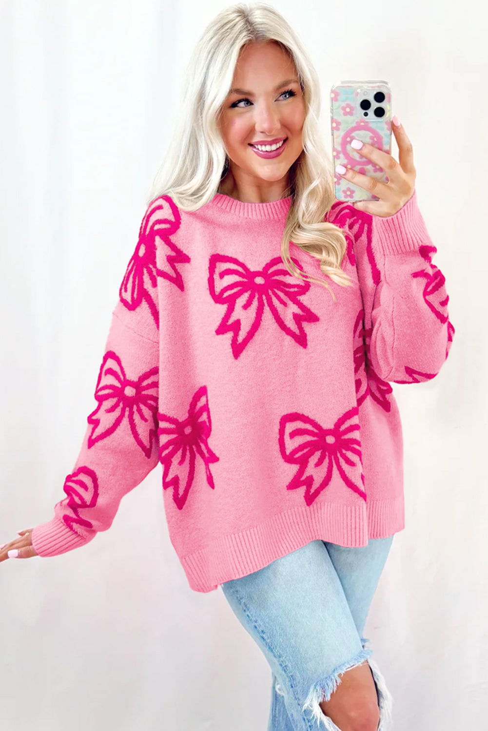 Pink Bow Pattern Drop Shoulder Loose Sweater Kittybear Krafts