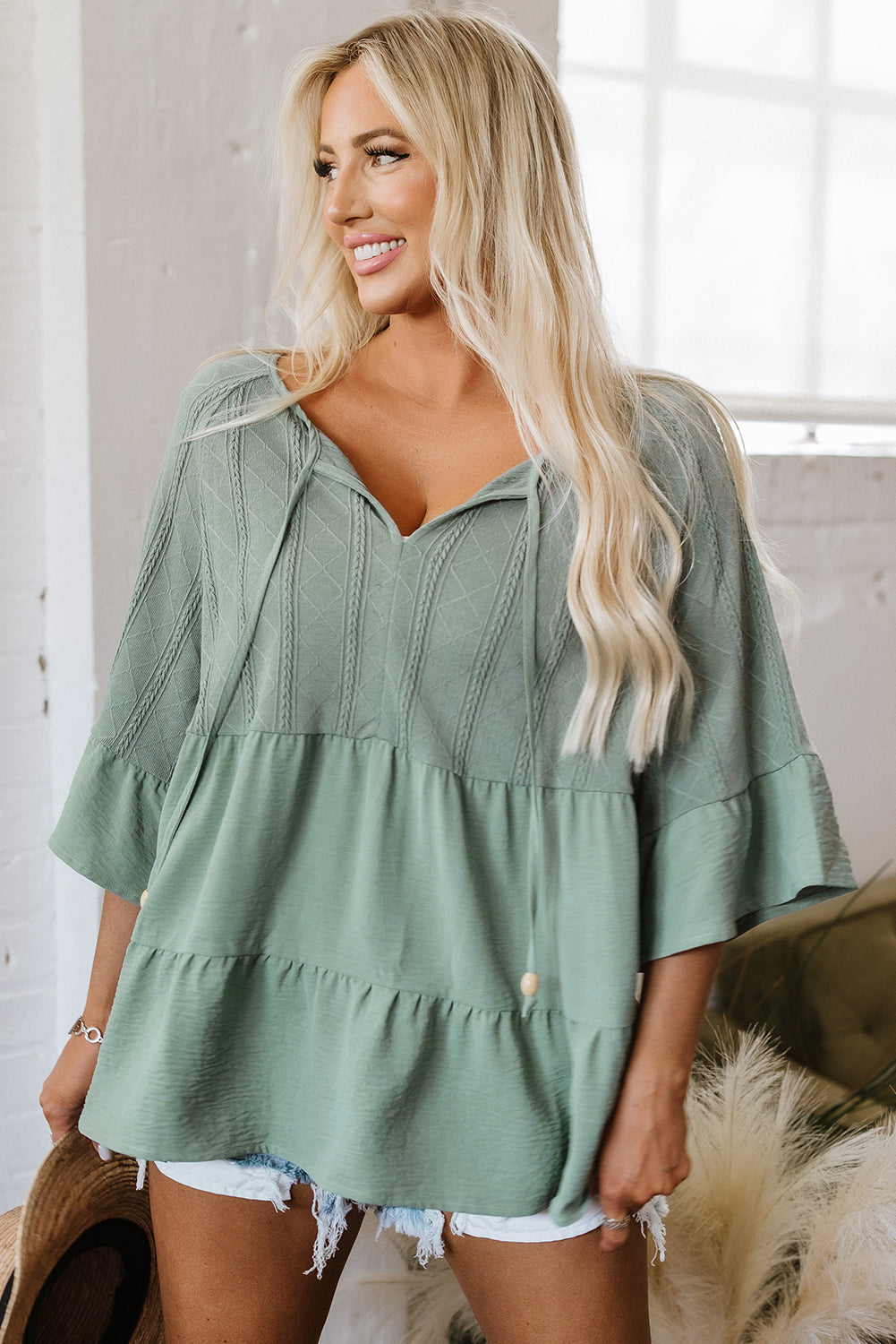 Laurel Green Tie Split Neck Textured Ruffle Patchwork Blouse Kittybear Krafts