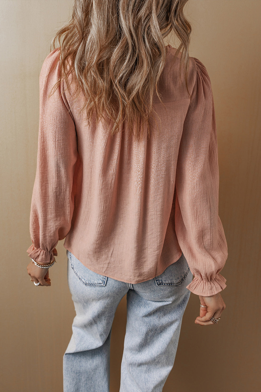 Gossamer Pink Floral Embroidered Textured Flounce Sleeve Elegant Blouse Kittybear Krafts