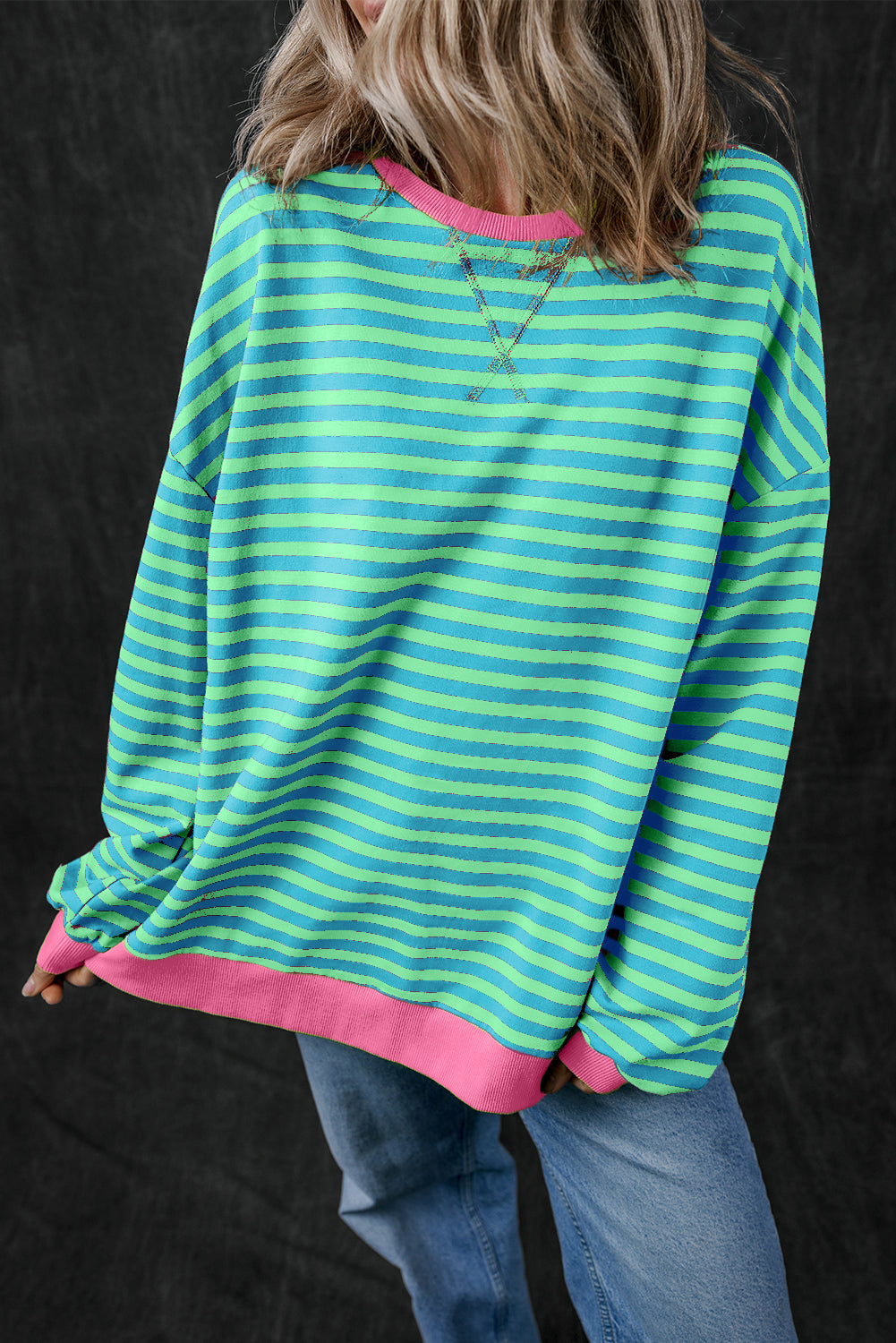 Sky Blue Stripe Oversized Contrast Trim Pullover Sweatshirt Kittybear Krafts