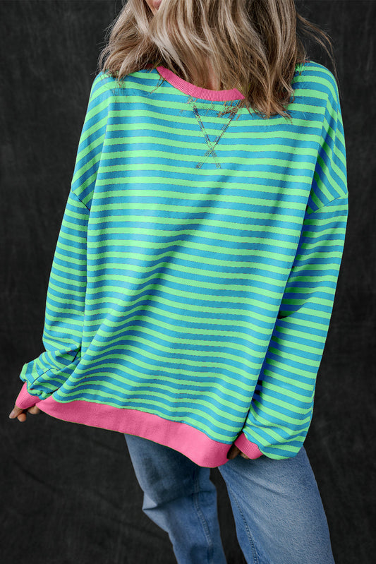 Sky Blue Stripe Oversized Contrast Trim Pullover Sweatshirt Kittybear Krafts