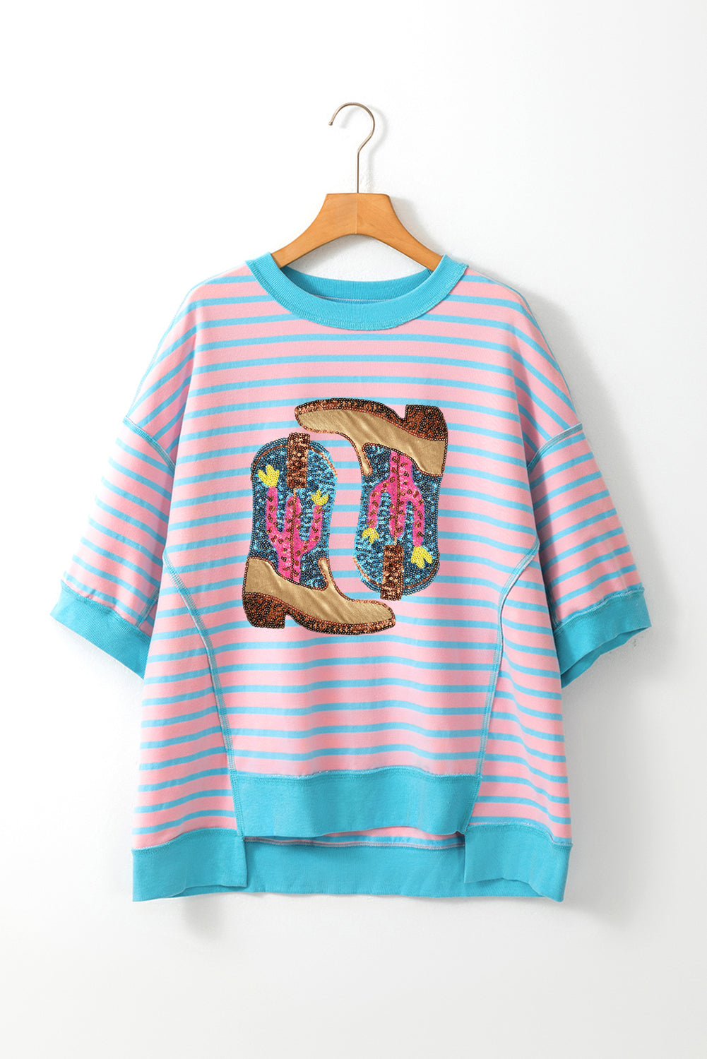 Sequin Boots Striped Western Round Neck Half Sleeve T-Shirt - Kittybear Krafts