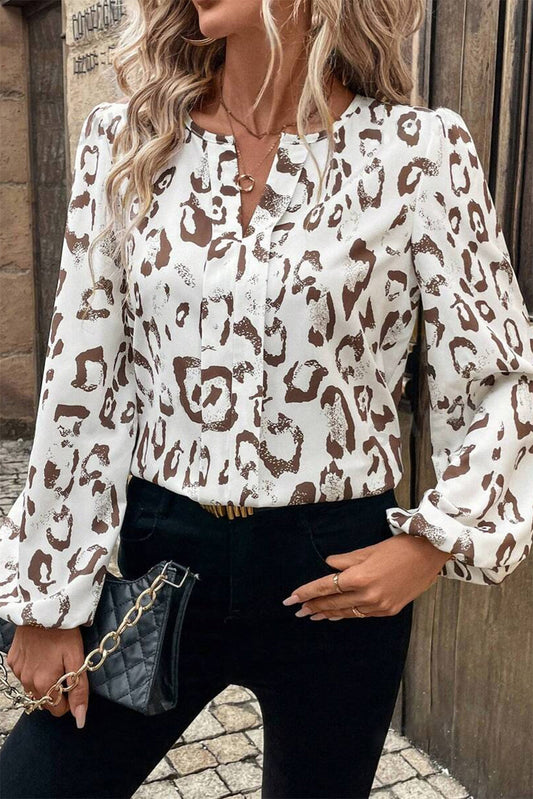 Khaki Leopard Print Split Neck Balloon Sleeve Blouse Kittybear Krafts