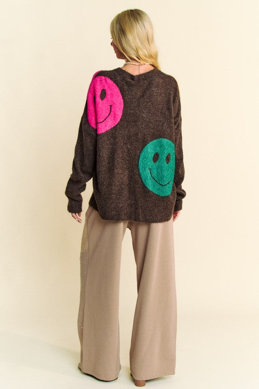 Davi & Dani Contrast Smile Round Neck Oversize Sweater Top Trendsi