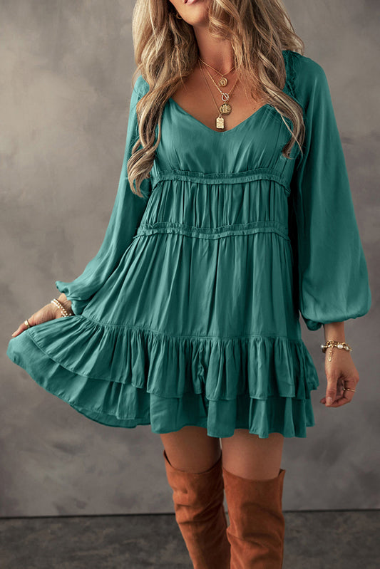 Mist Green Tiered Ruffled Puff Sleeve Loose Fit Mini Dress Kittybear Krafts