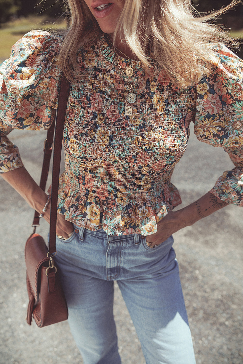 Yellow Floral Print Smocked Bubble Sleeve Ruffled Crop Top Kittybear Krafts