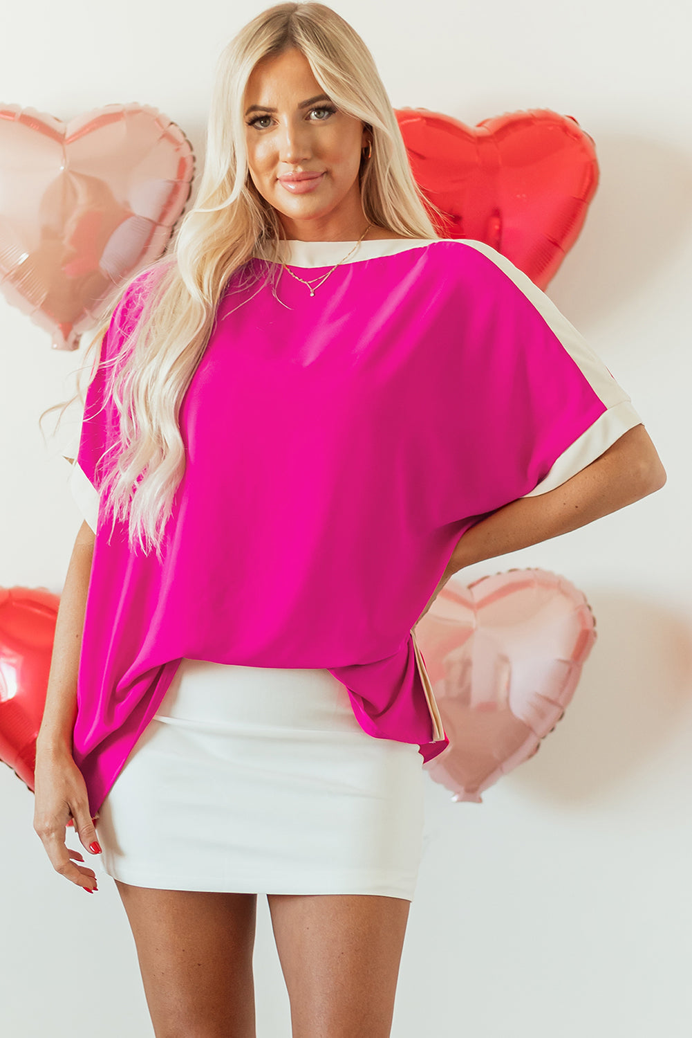 Rose Red Oversized Color Block Boat Neck Tunic Blouse Kittybear Krafts