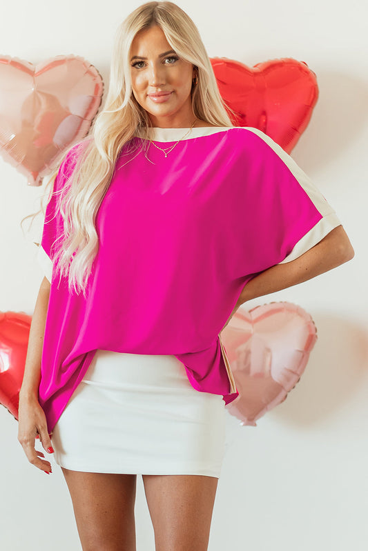 Rose Red Oversized Color Block Boat Neck Tunic Blouse Kittybear Krafts