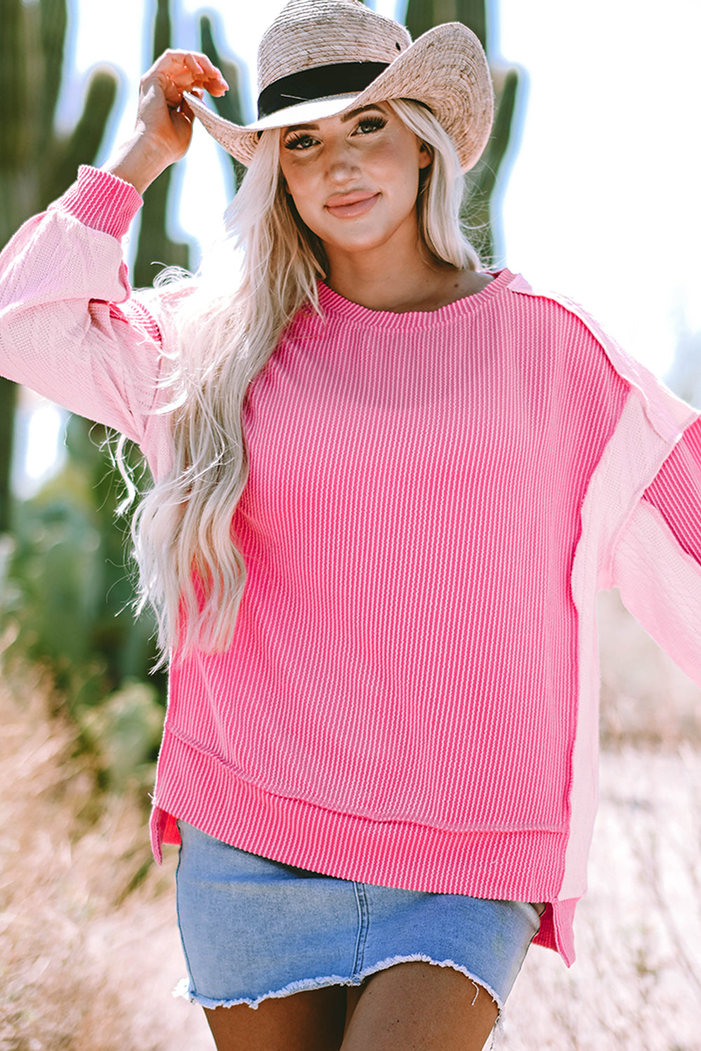 Bonbon Cable Knit Colorblock Exposed Seam Sweatshirt Kittybear Krafts