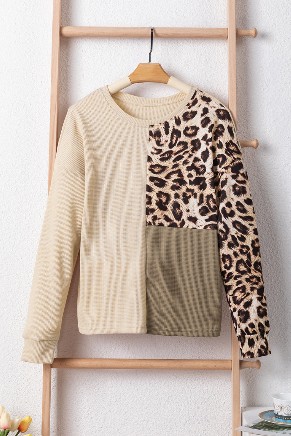 Pale Khaki Leopard Colorblock Waffle Knit Top Kittybear Krafts
