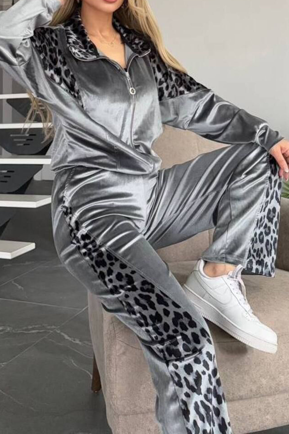 Full Size Collared Neck Leopard Zip Up Top and Pants Loungewear Set