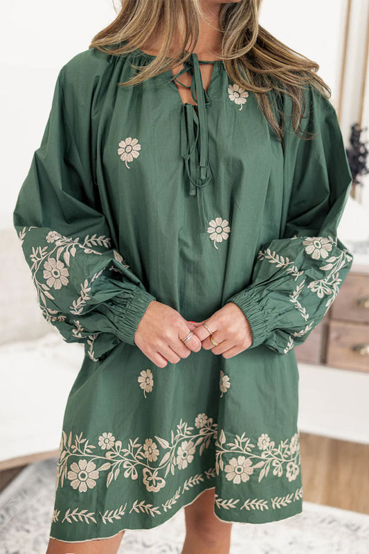 Mist Green Tie Neck Boho Floral Pattern Puff Sleeve Shift Dress Kittybear Krafts