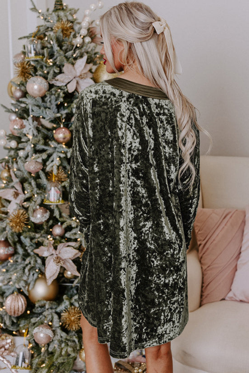 Jungle Green Velvet Long Sleeve V Neck Loose Dress with Pockets Kittybear Krafts