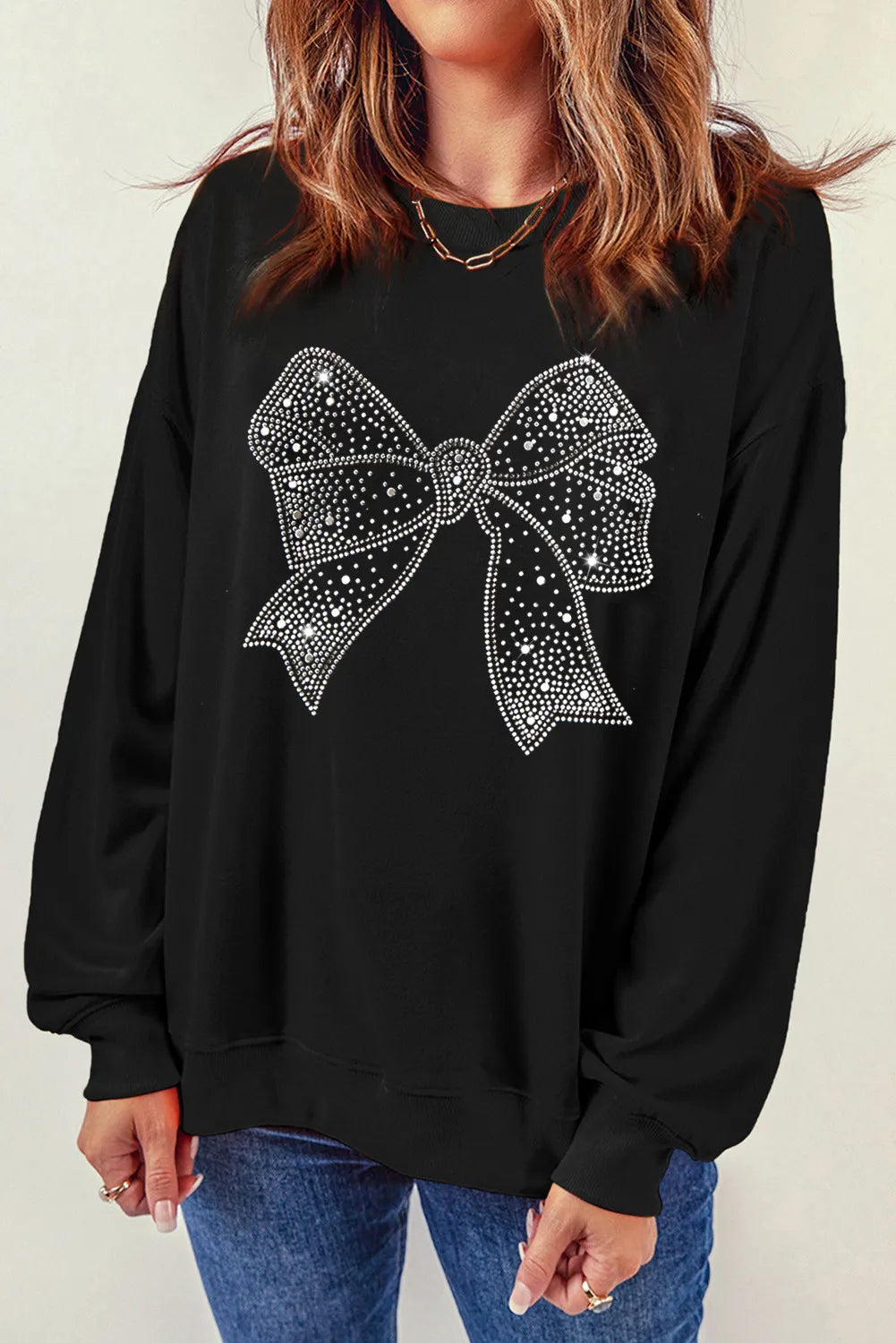 Rhinestone Bow Round Neck Long Sleeve Sweatshirt Trendsi