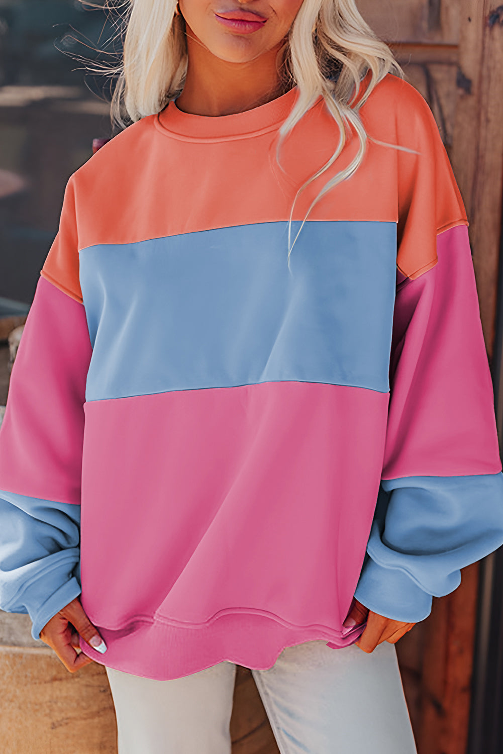 Bright Pink Colorblock Patchwork Drop Shoulder Sweatshirt Kittybear Krafts