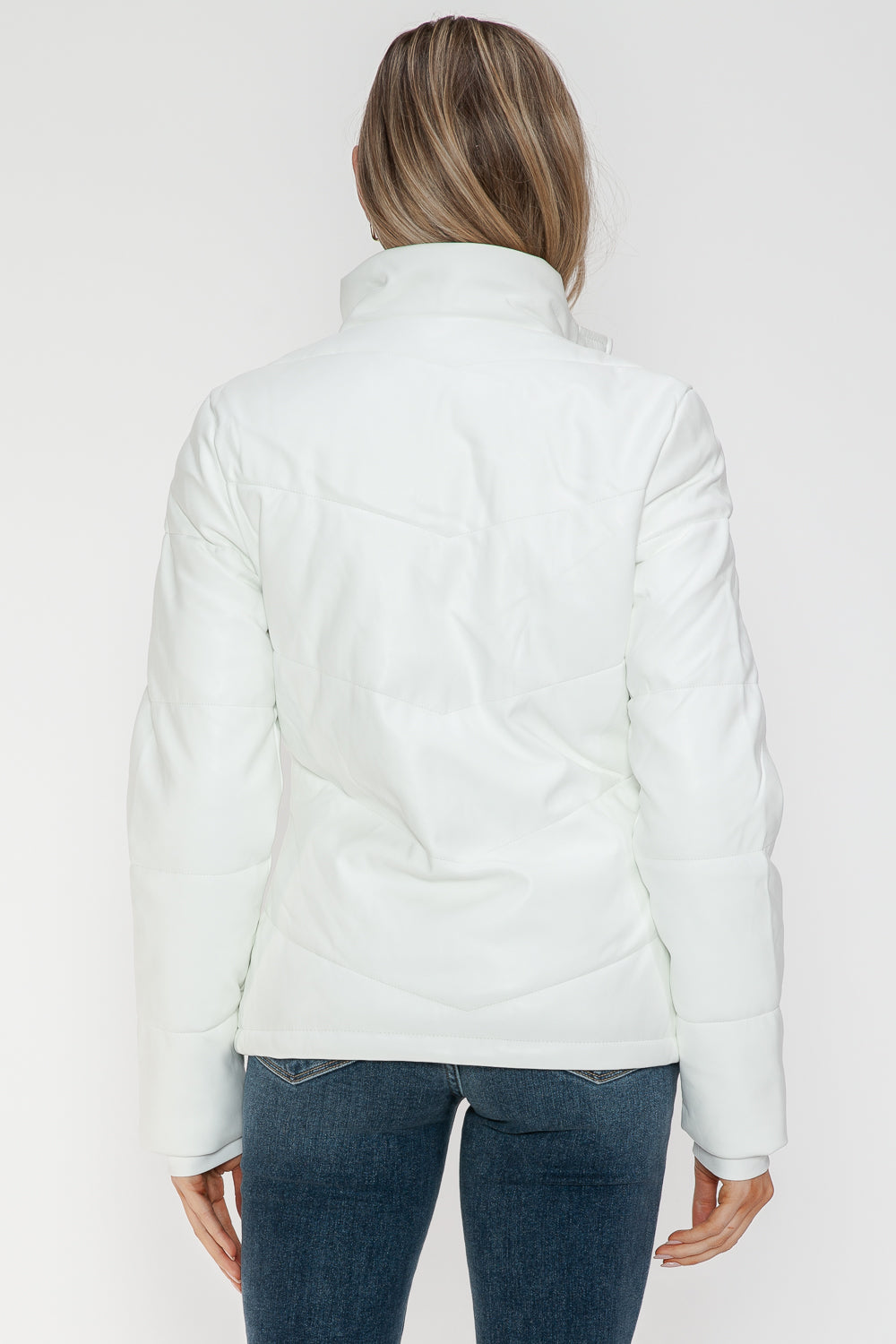 Snobbish Pocketed Zip Up White Turtleneck Puffer Jacket Trendsi