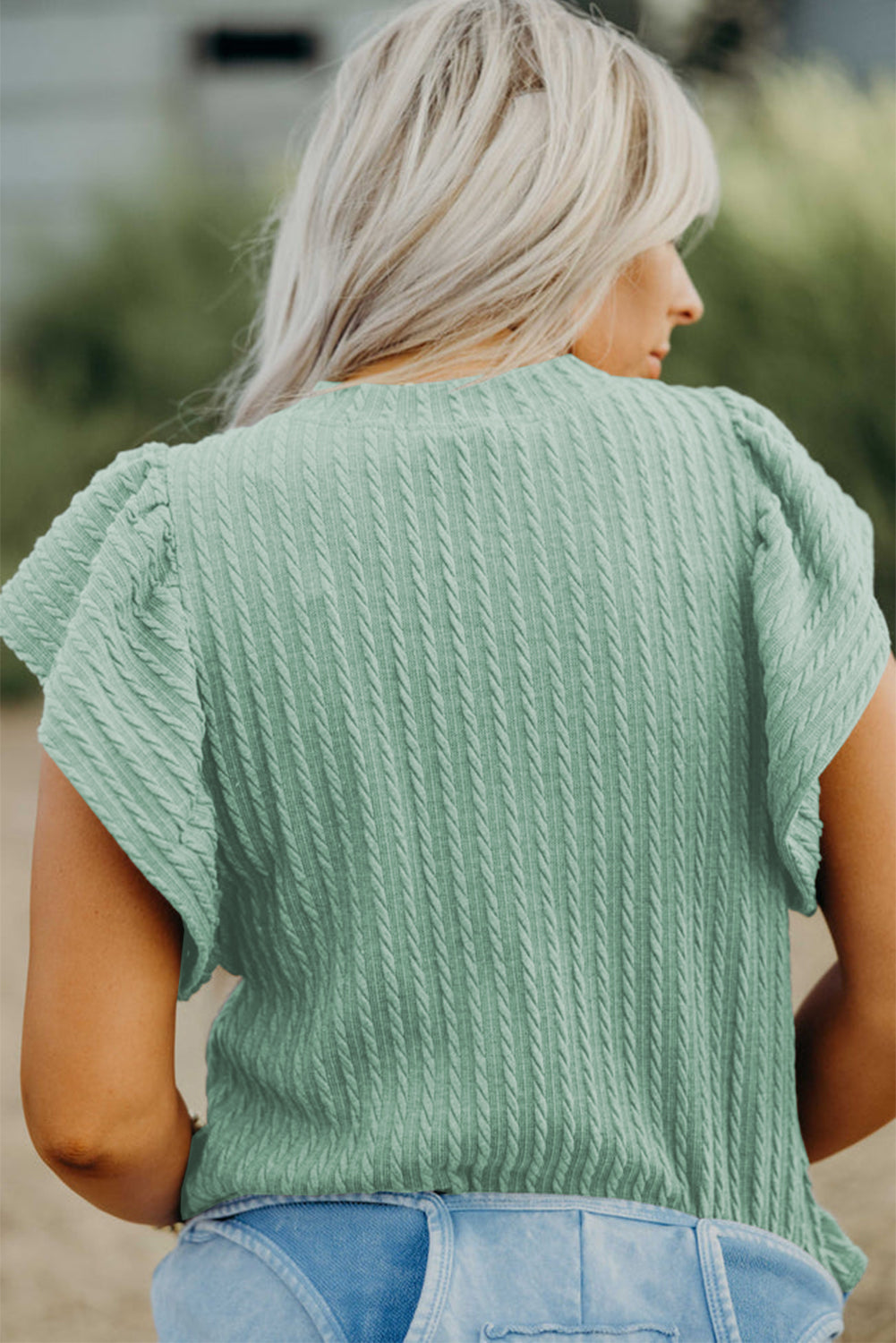 Moonlight Jade Solid Color Textured Flutter Sleeve Top Kittybear Krafts