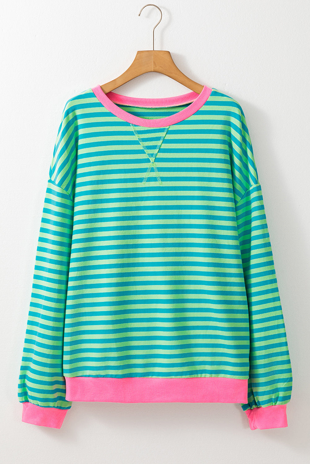 Sky Blue Stripe Oversized Contrast Trim Pullover Sweatshirt Kittybear Krafts