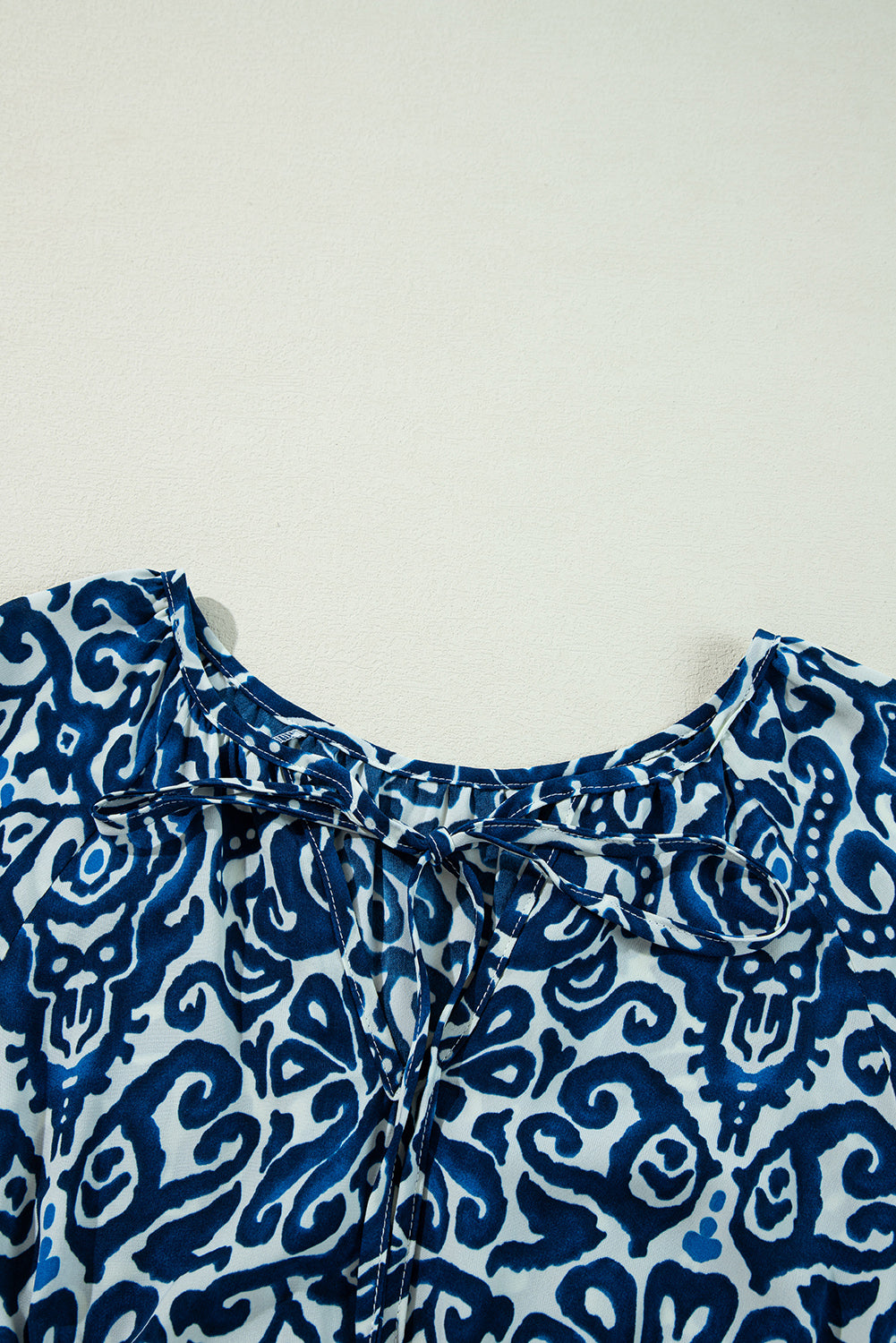 Blue Vintage Print Lace up V Neck Long Sleeve Mini Dress Kittybear Krafts