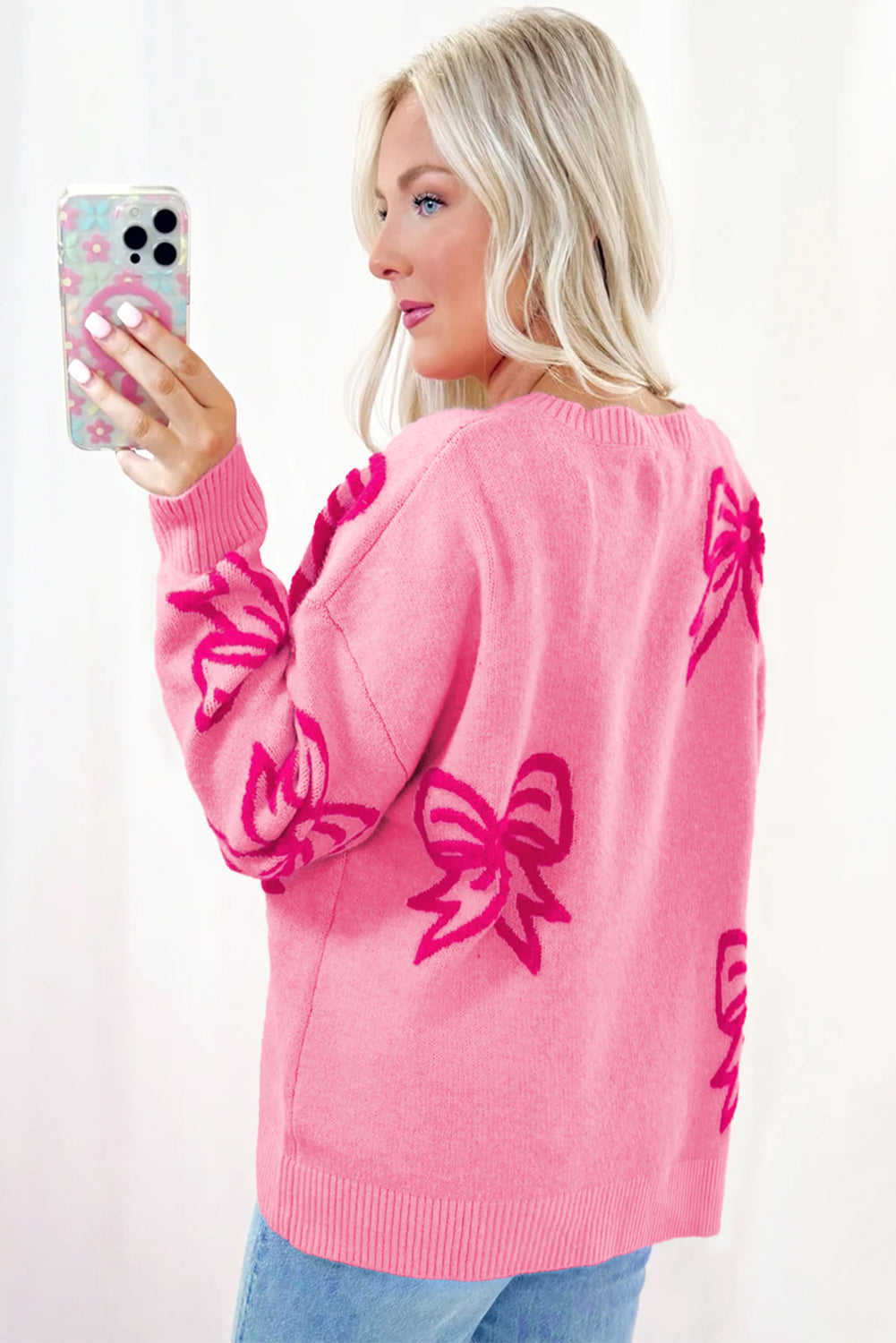 Pink Bow Pattern Drop Shoulder Loose Sweater Kittybear Krafts